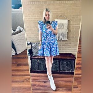 Ruffled Sleeve Pink Mini Dress with Blue Floral Print